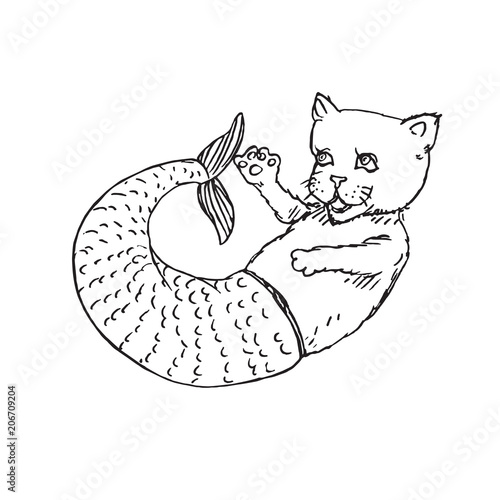 Mermaid cat, hand drawn outline doodle sketch, black and white vector illustration