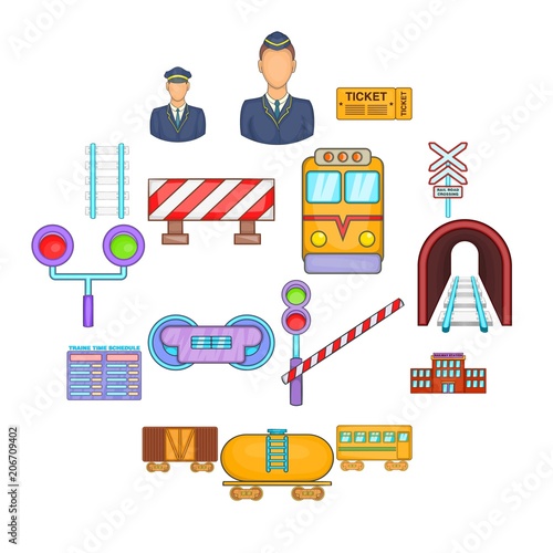 Railway icons set in cartoon style. Rail transportation set collection vector illustration