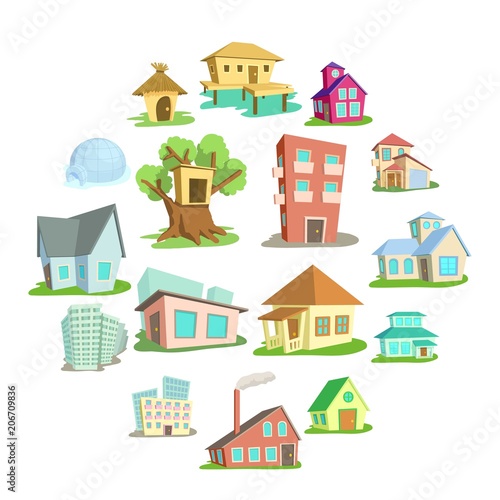 Houses icons set. Cartoon illustration of 16 houses vector icons for web