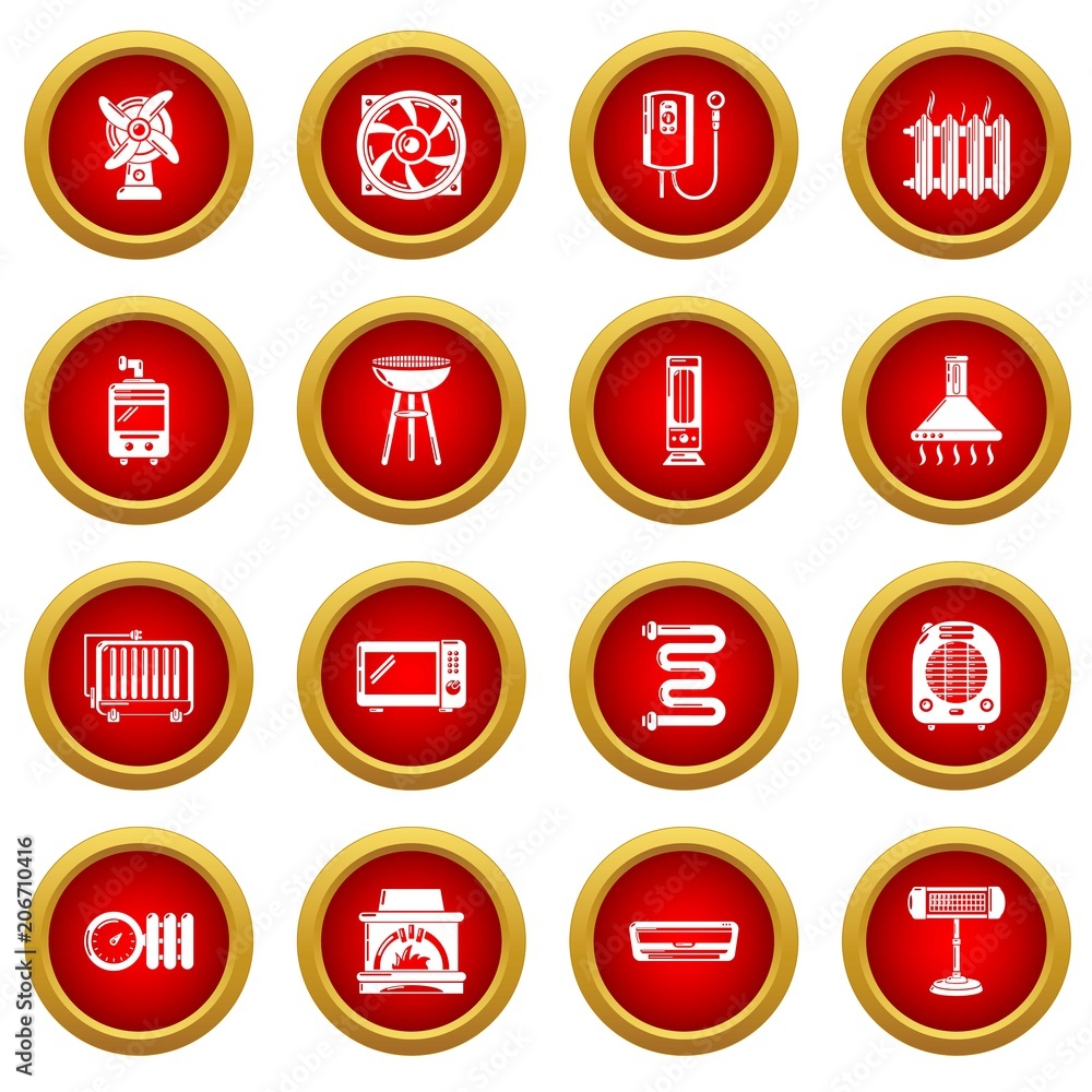 Heat cool air flow tools icons set. Simple illustration of 16 heat cool air flow tools vector icons for web Heat cool air flow tools icons set. Simple illustration of 16 heat cool air flow tools vector icons for web