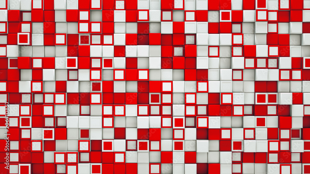 Wall of red and white 3D cubes abstract background