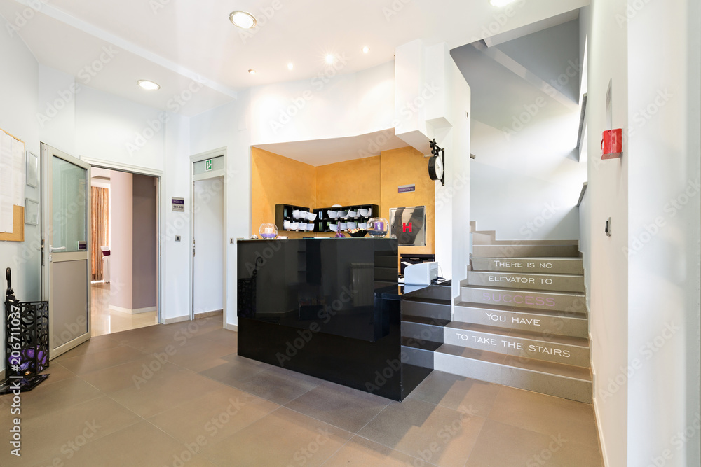 Motel entrance interior, reception area Motel entrance interior, reception area