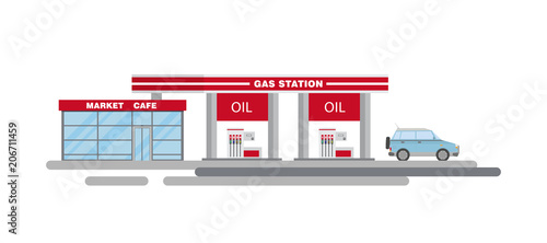 Vector flat illustration of gas station with car.