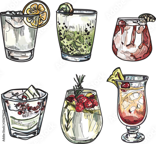 Hand drawn illustration of set of cocktails.
