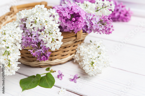 Floral pattern lilac branches and petals on wooden background. Frame.