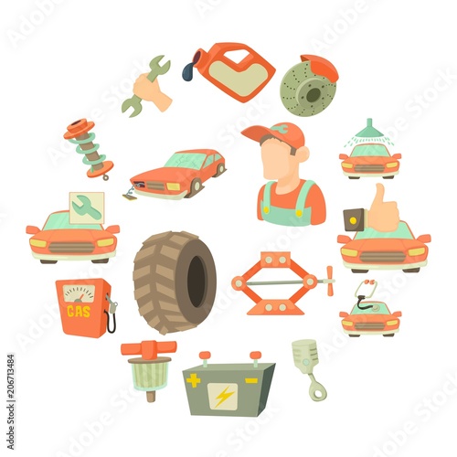 Car repair items set. Cartoon illustration of 16 car repair items vector icons for web