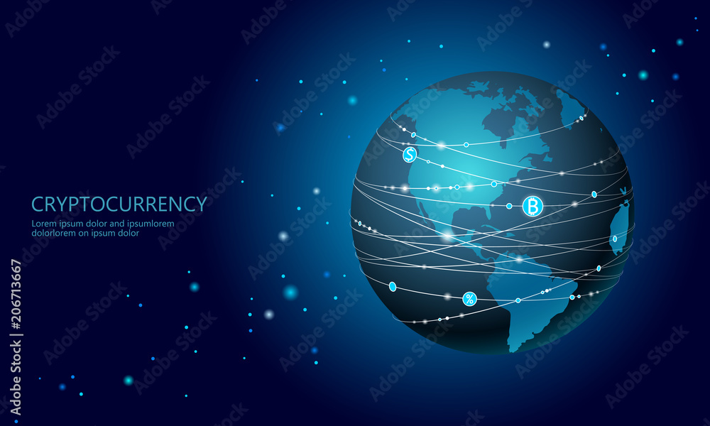 Planet Earth cryptocurrency bitcoin sign. Online internet network