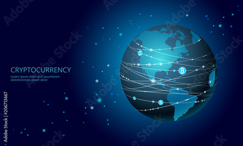 Planet Earth cryptocurrency bitcoin sign. Online internet network communication mining. International global finance system. America world map USA Canada Mexico Brazil flat cartoon vector illustration