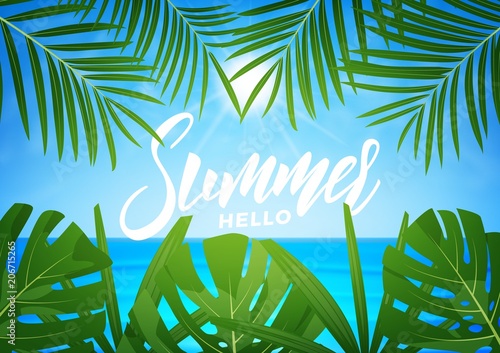 Tropic background. Summer tropical palm leaves and exotic beach. Summer exotic background