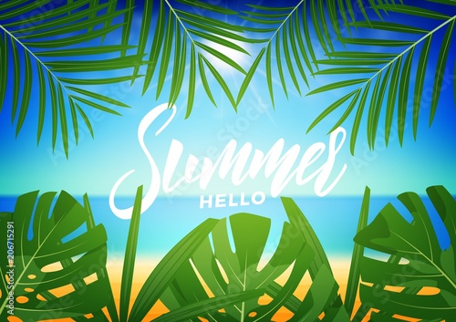 Summer. Tropic background with tropical palm leaves and exotic beach. Summer exotic background