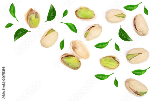 Fototapeta Naklejka Na Ścianę i Meble -  Pistachios with leaves isolated on white background with copy space for your text, top view. Flat lay pattern