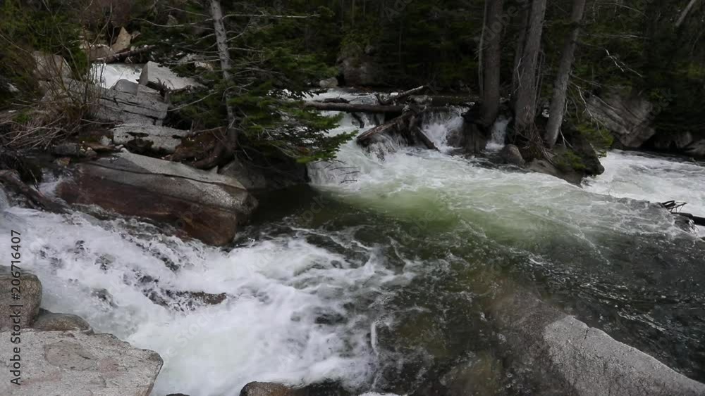Waterfall mountain forest river landscape slow. Beautiful clear water high mountain stream from springtime snow melt. Fallen timber, logs and branches with rocks form waterfalls. Waterfall mountain forest river landscape slow. Beautiful clear water high mountain stream from springtime snow melt. Fallen timber, logs and branches with rocks form waterfalls.