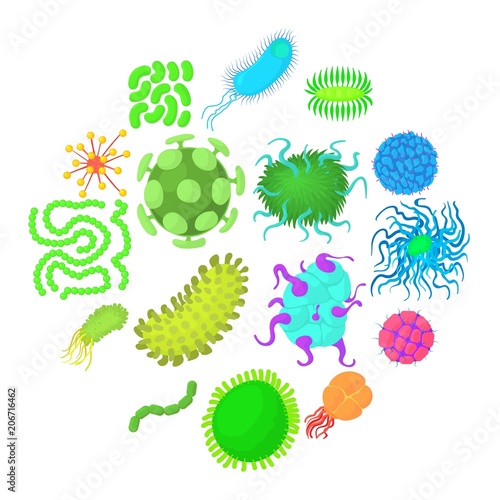 Virus bacteria forms icons set. Cartoon illustration of 16 virus bacteria forms vector icons for web