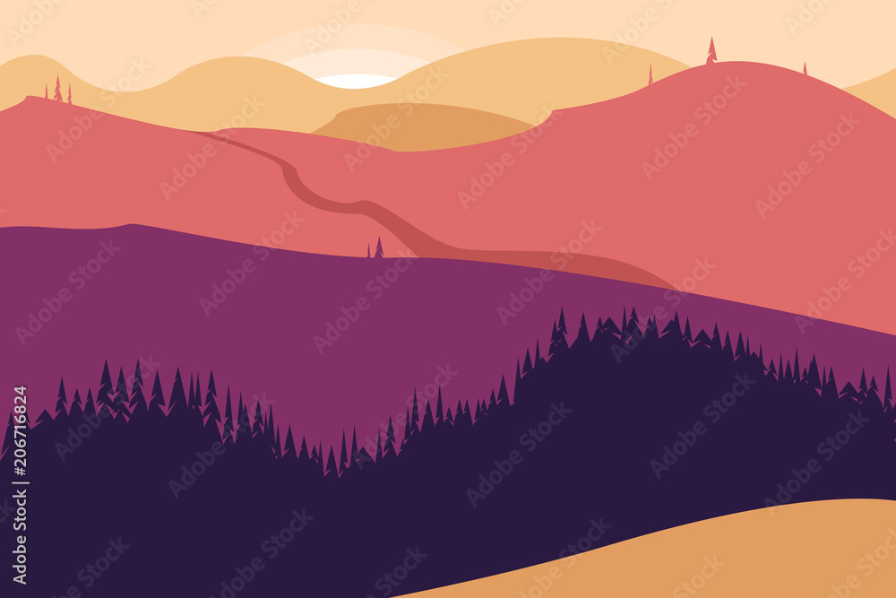 Landscape with mountains and forest. Poster for tourism with the natural environment, national parks, clean environment. Vector illustration.