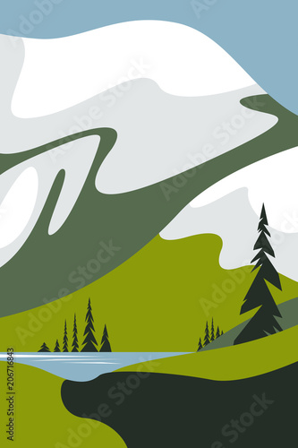 Landscape with mountains and snowy peaks, a lake and trees. Poster for tourism with the natural environment, national parks, clean environment. Vector illustration.