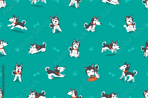 Vector cartoon character siberian husky dog seamless pattern