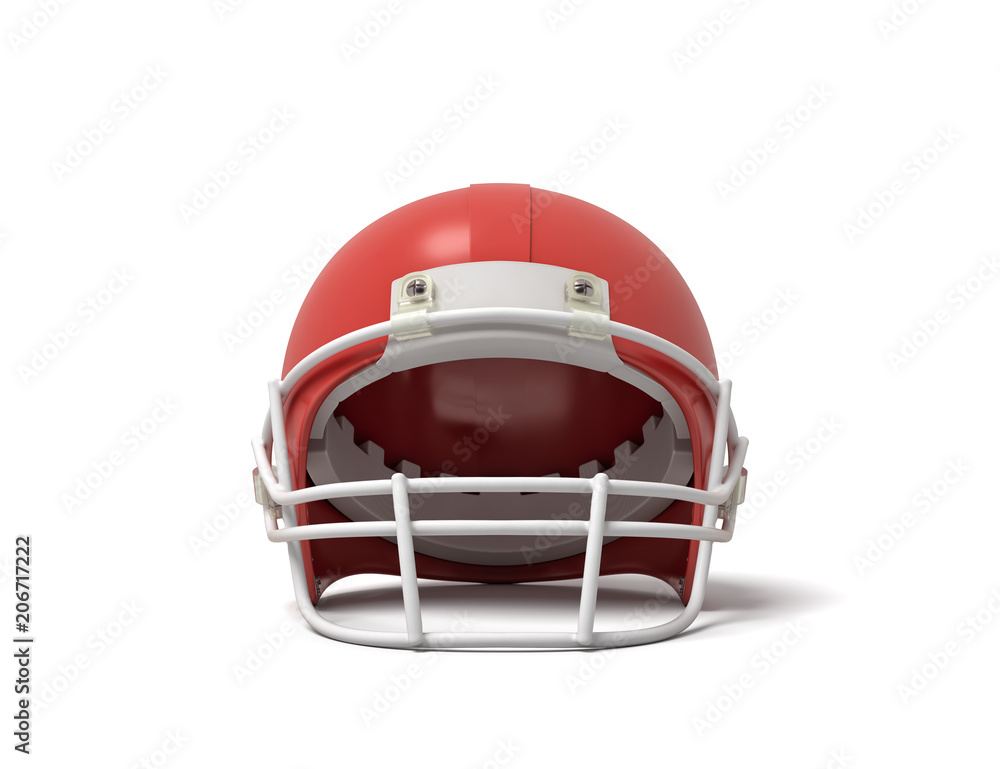Fototapeta premium 3d rendering of a red American football helmet with a white protective grid on a white background.