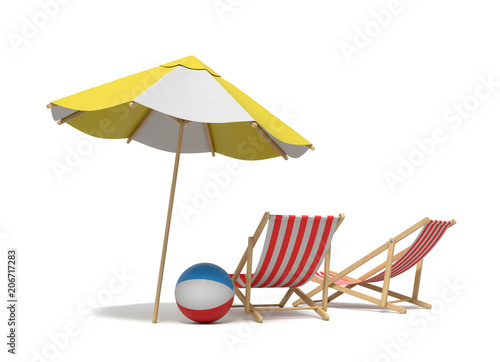 3d rendering of a white and yellow beach umbrella standing above two deck chairs.