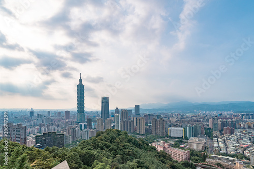 Taipei, Taiwan - May 20, 2018: Aerial panorama over Downtown Taipei with Taipei 101 Skyscraper, Landmark buildings of Taipei