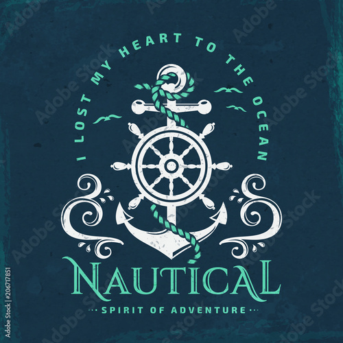 Nautical emblem with anchor, steering wheel and waves.