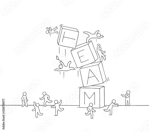 Sketch of little people with broken pyramid.