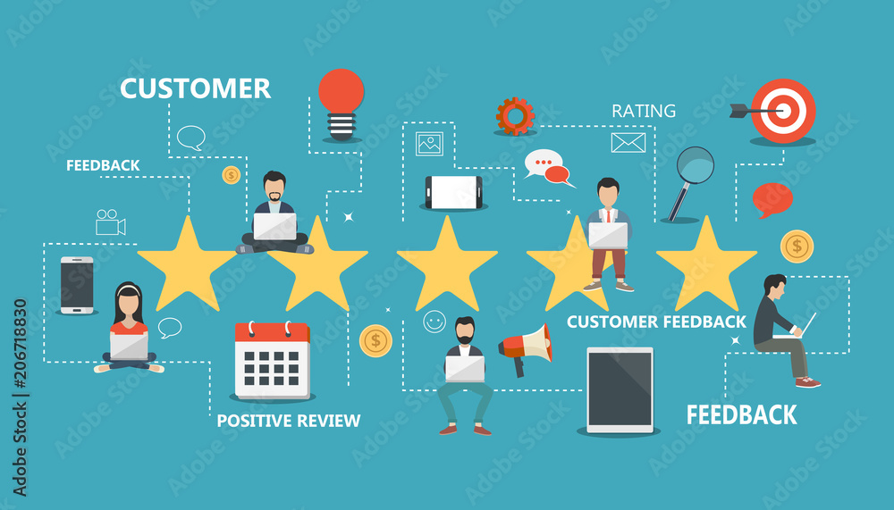 Concept of feedback, testimonials messages and notifications. Rating on customer service illustration. Five big stars with people sitting on them and giving reviews on their lap tops. Flat vector
