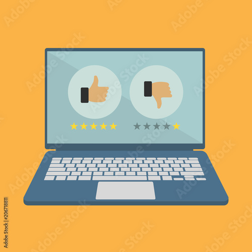 Rating on customer service illustration. Website rating feedback and review concept. Lap top with like and dislike signs. Flat vector illustration