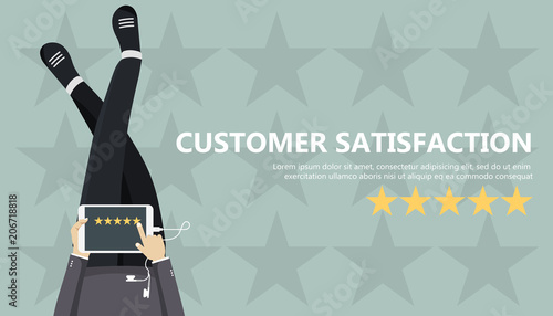 Rating on customer service illustration. Man sitting on the floor and holding tablet in his lap. Website rating feedback and review concept. Flat vector illustration