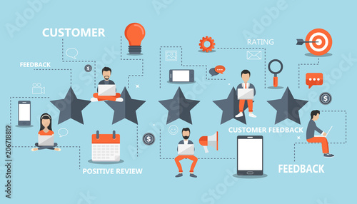 Concept of feedback, testimonials messages and notifications. Rating on customer service illustration. Five big stars with people sitting on them and giving reviews on their lap tops. Flat vector