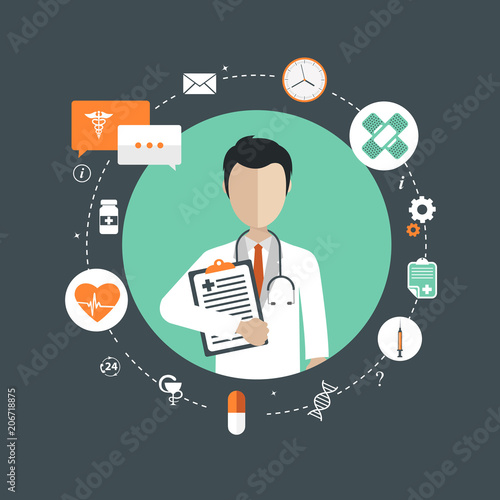 Vector illustration in a modern flat style, health care concept. A doctor in uniform with stethoscope holding medical document. Flat vector illustration.