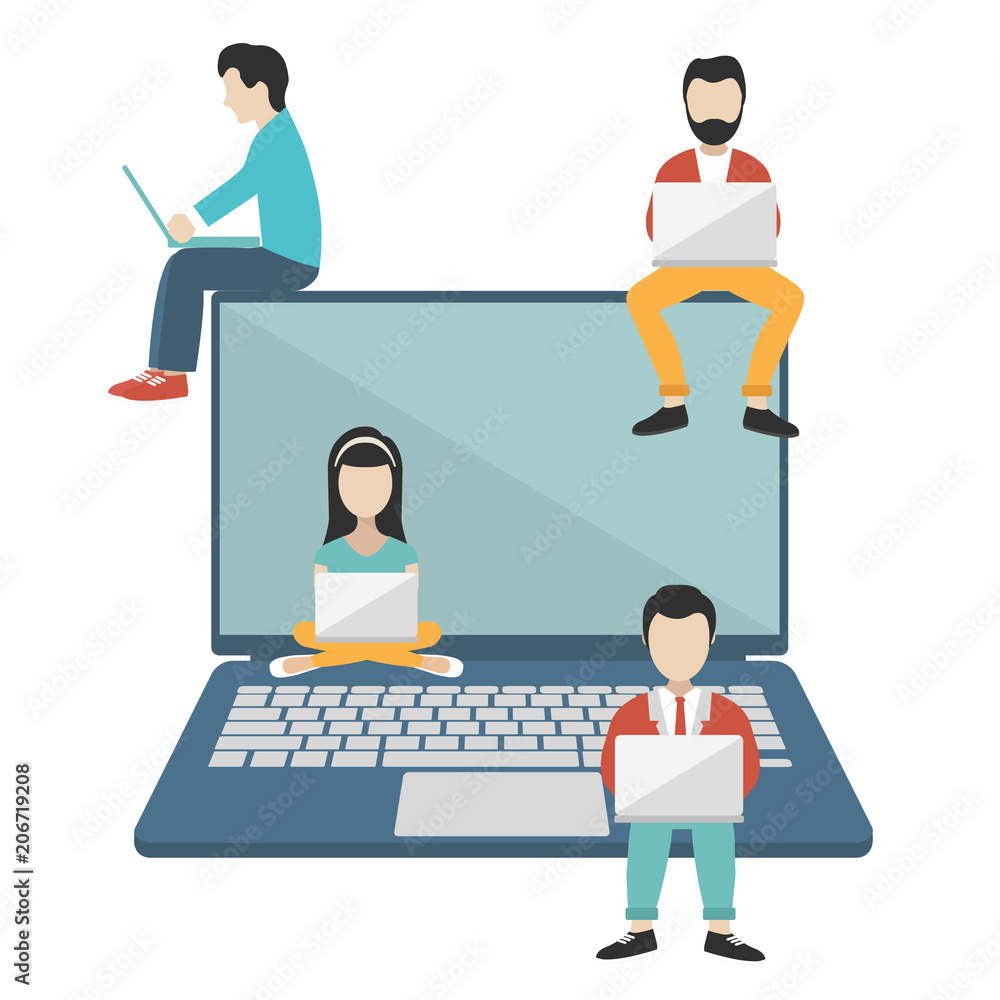 People sitting on big notebook. Social network web site. Surfing concept illustration of young people using lap top to be a part of on line community. Flat vector illustration