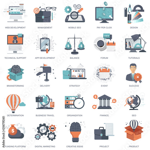 Set of flat design icons for business, pay per click, creative process, searching, web analysis, time is money, on line shopping. Icons for website development and mobile phone services and apps.