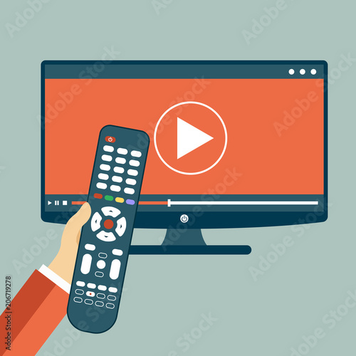 Hand holding remote control. TV icon concept. Play icon on television. Smart TV concept. Flat vector illustration