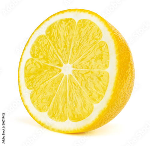 Perfectly retouched sliced half of lemon fruit isolated on the white background with clipping path. One of the best isolated lemons slices that you have seen.