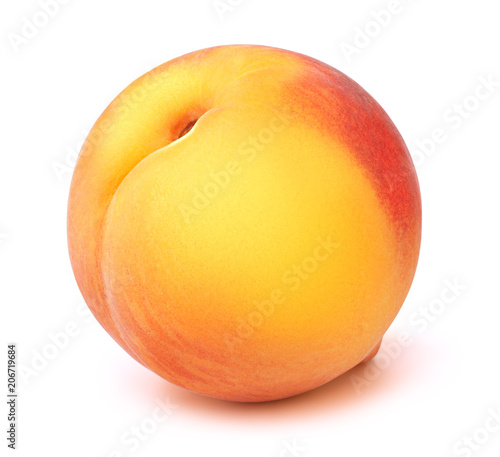 Fresh red and yellow peach fruit isolated on the white background with clipping path. One of the best isolated peaches that you have seen.
