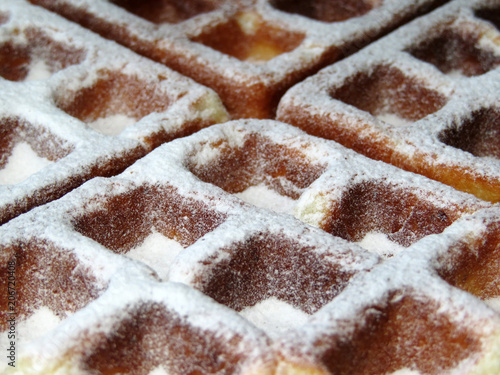 Belgian waffles texture, culinary background. Waffle with powdered sugar, macro shot