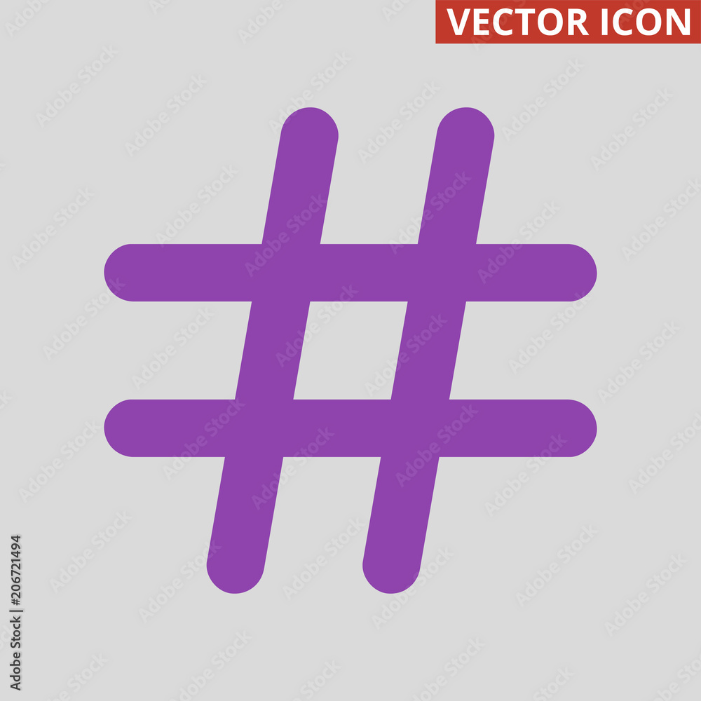 Obraz premium Violet hashtag icon on grey background.