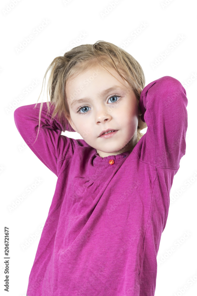Portrait of a beautiful little girl posing at the camera with hands behind her head isolated on white background Portrait of a beautiful little girl posing at the camera with hands behind her head isolated on white background