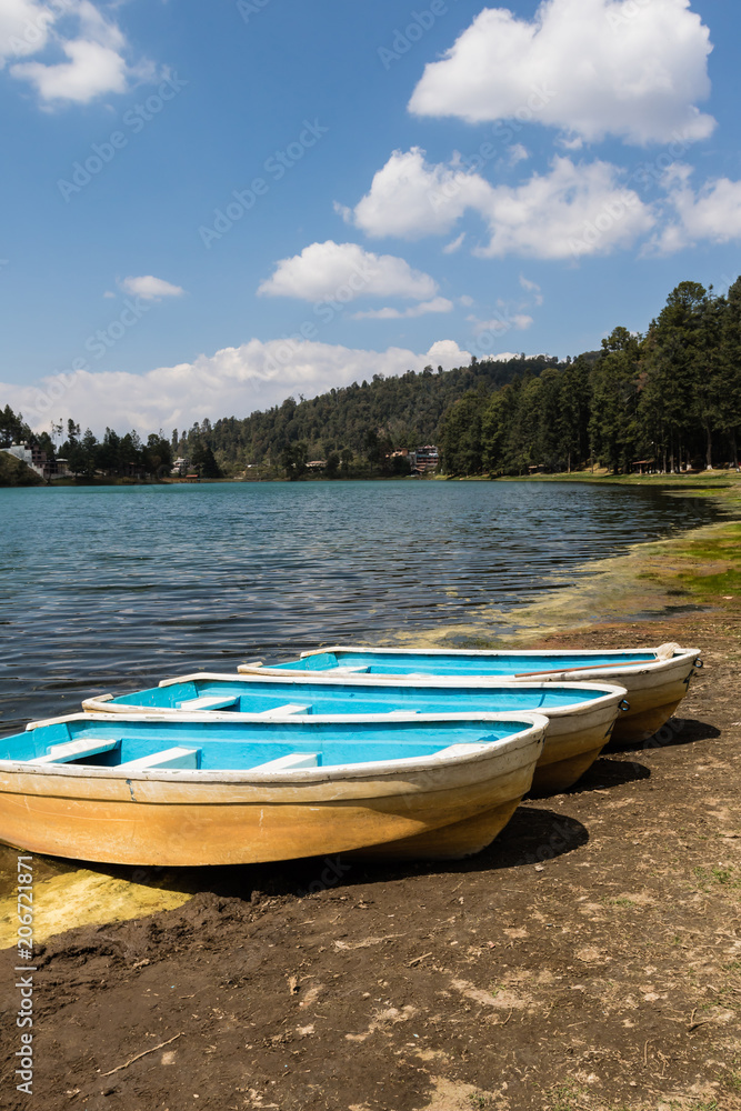 Summer lake landscape with three boats Summer lake landscape with three boats