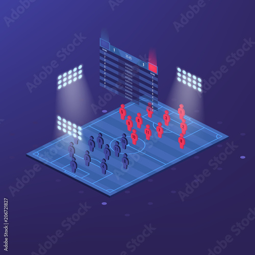 soccer jersey or football kit with match formation tactic infographic. Football player position on football pitch and stadium map. Vector Illustration. Isometric set.