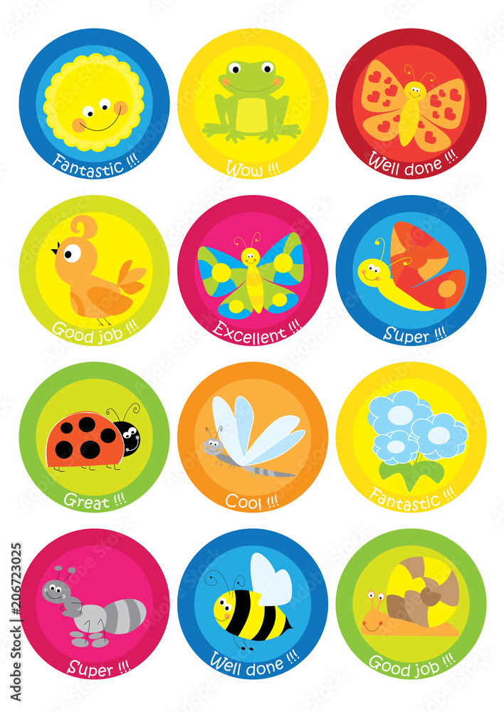 Teacher Reward Motivational Stickers for Children - nature Stock Vector