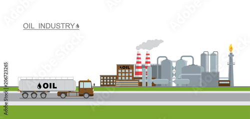 Oil refinery and tank truck on white background.
