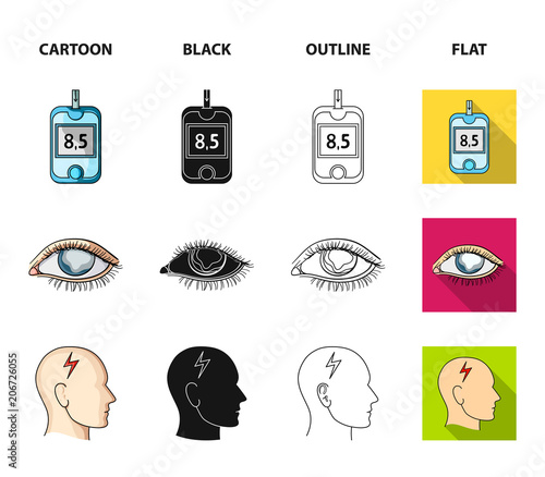 Poor vision, headache, glucose test, insulin dependence. Diabetic set collection icons in cartoon,black,outline,flat style vector symbol stock illustration web.