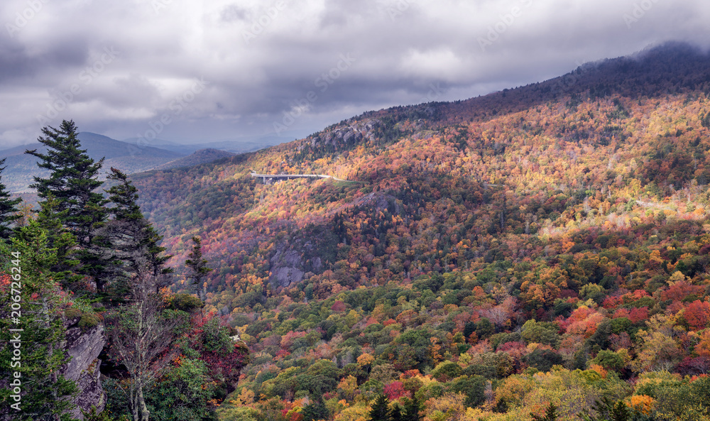 Linn Cove Viaduct from Rough Ridge trail in Autumn - Blue Ridge Parkway North Carolina Linn Cove Viaduct from Rough Ridge trail in Autumn - Blue Ridge Parkway North Carolina