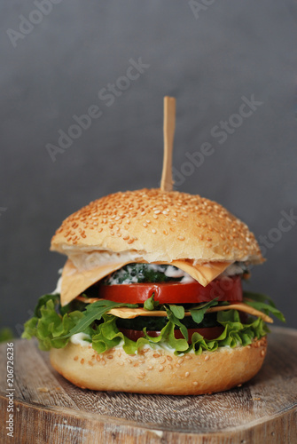 Fast food. Vegetarian Homemade Burger Cheese, Cucumber, Tomato and Lettuce, Salad. Tasty Sandwich for lunch Fresh Vegetables. Gray Textured background