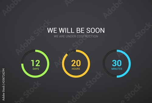 Countdown timer design for website. Clock timer design on dark background. Coming soon app modern flat counter