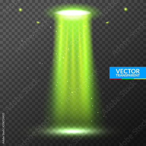 UFO light beam. Alien transport futuristic bright light in dark on transparent. UFO spaceship isolated glow effect design
