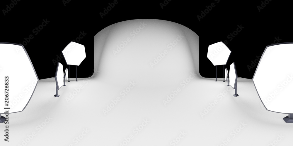 HDRI environment map, abstract spherical panorama background with photo studio setup (3d equirectangular illustration)