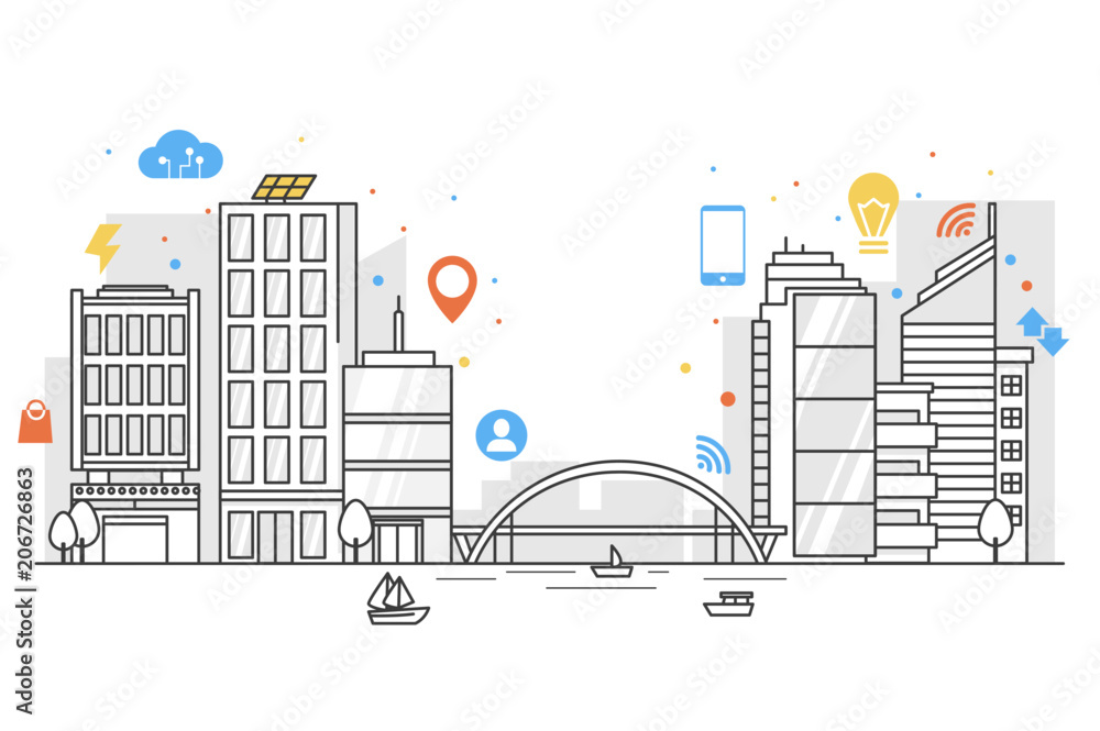Fototapeta premium Smart city in line art with colorfull icons. Concept of Internet of things and another future technologies for people.