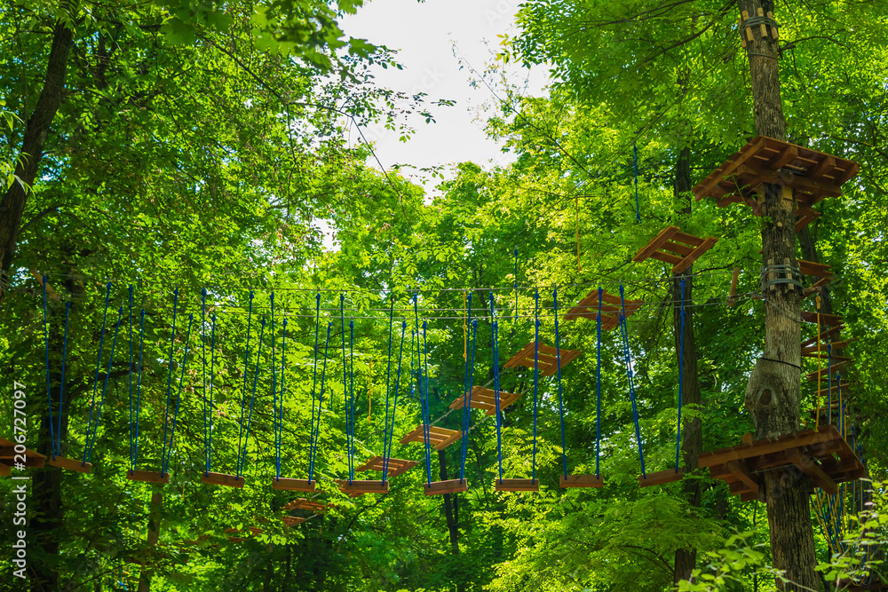 Rope Park among the trees. Walking on hanging stairs in a helmet. Children's rides on trees. Rope Park among the trees. Walking on hanging stairs in a helmet. Children's rides on trees.